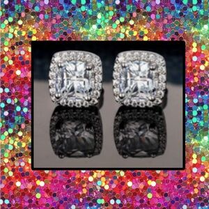 Elegant Sparkling Stud Sterling Silver Earrings Square Large Stone W Pave’ Frame